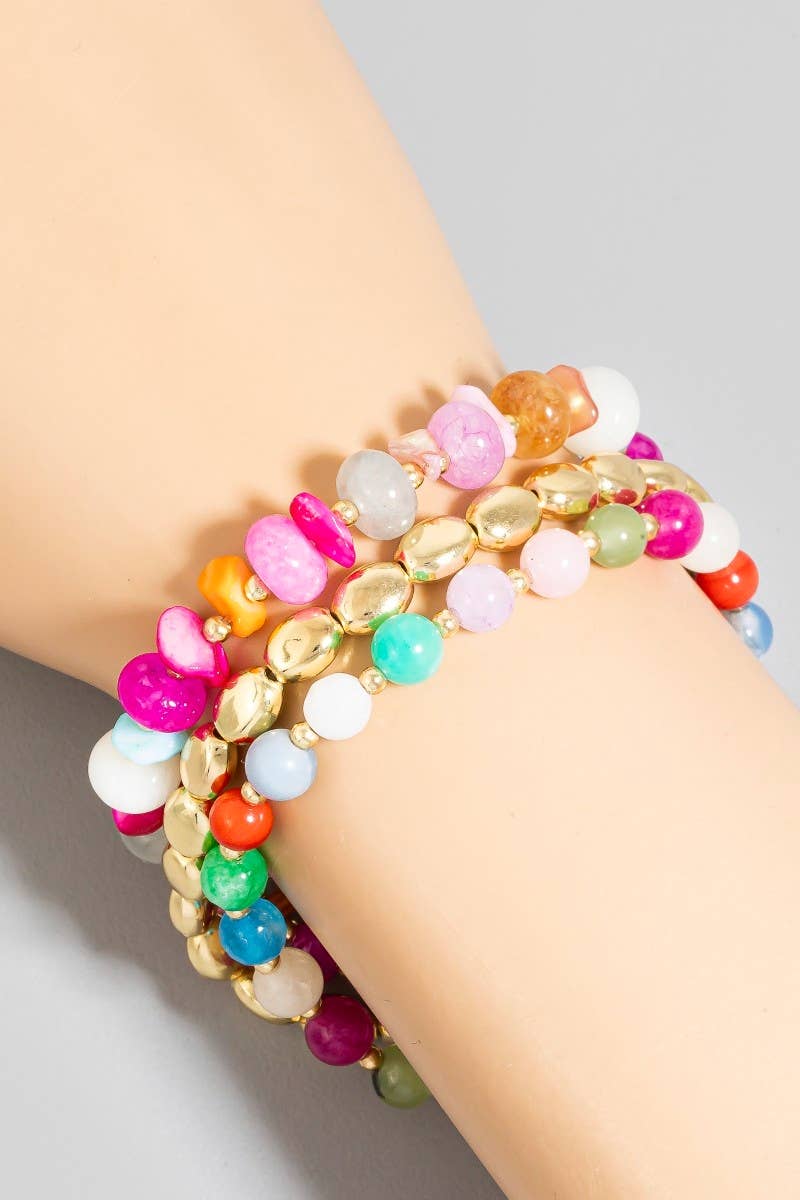 Stone And Metallic Beaded Bracelet Set: MT