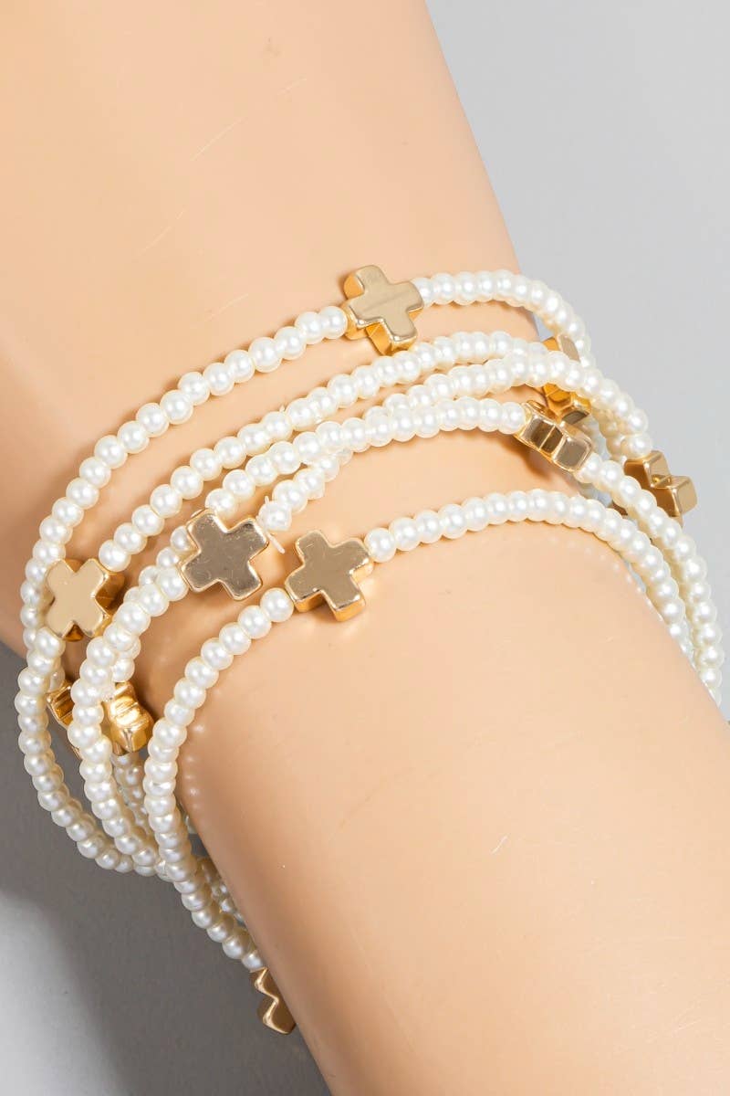 Metallic Cross Charms Pearl Beaded Bracelet Set: GD