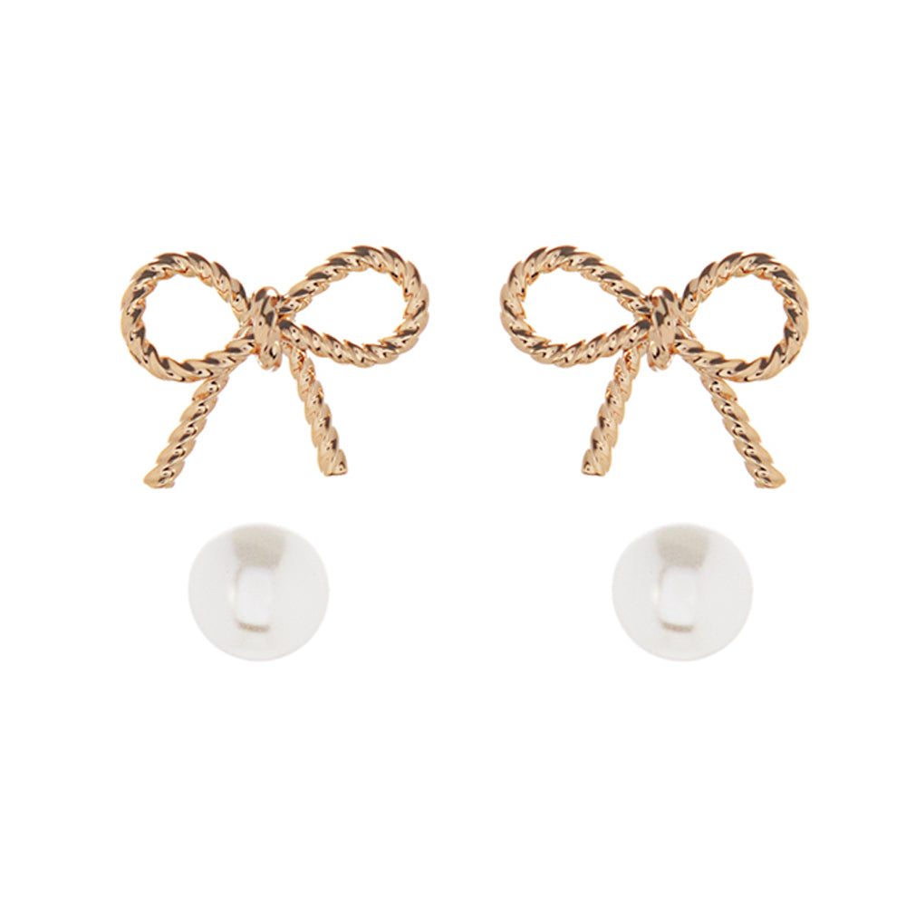 Ribbon & Pearl Stud Earring Set