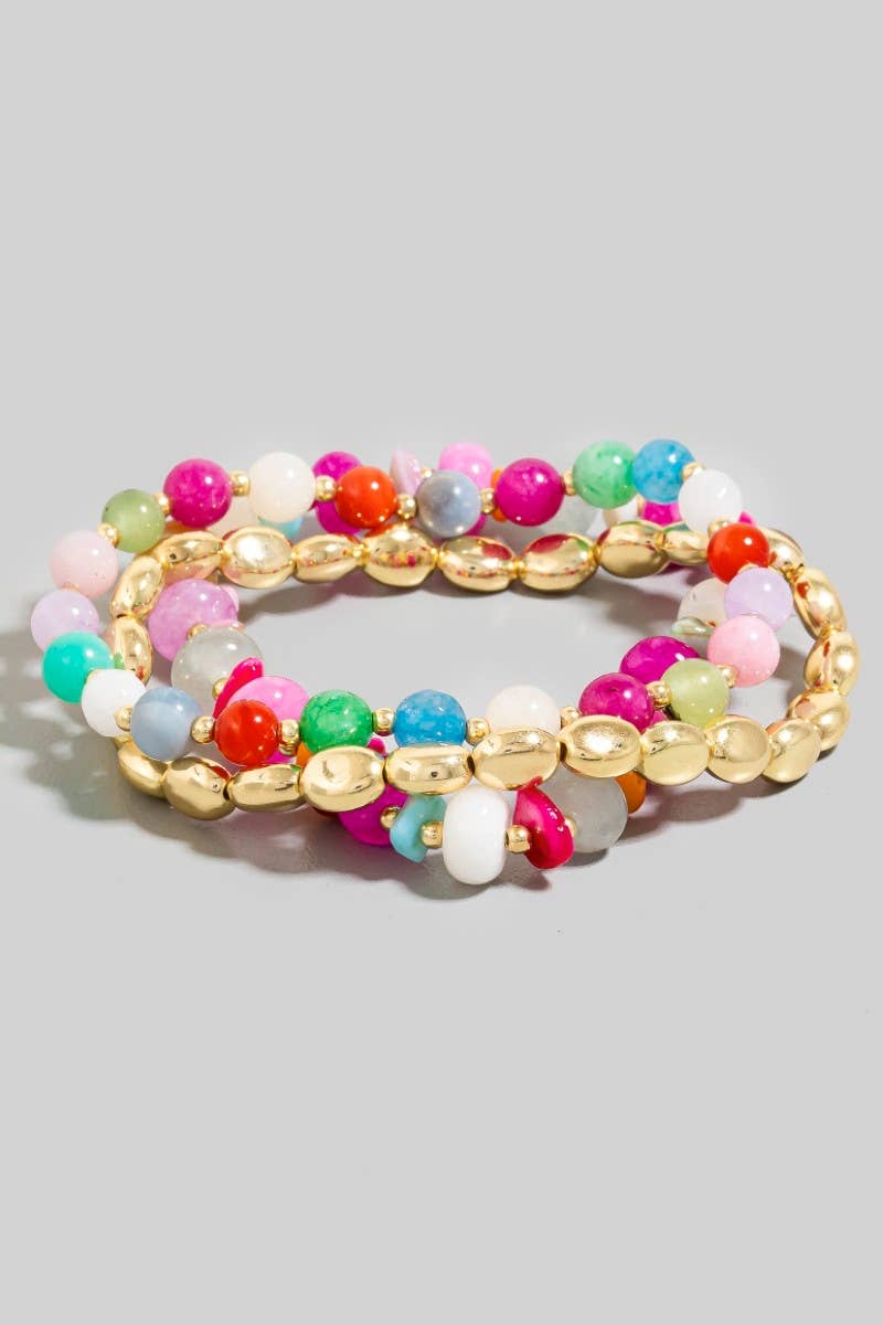 Stone And Metallic Beaded Bracelet Set: MT