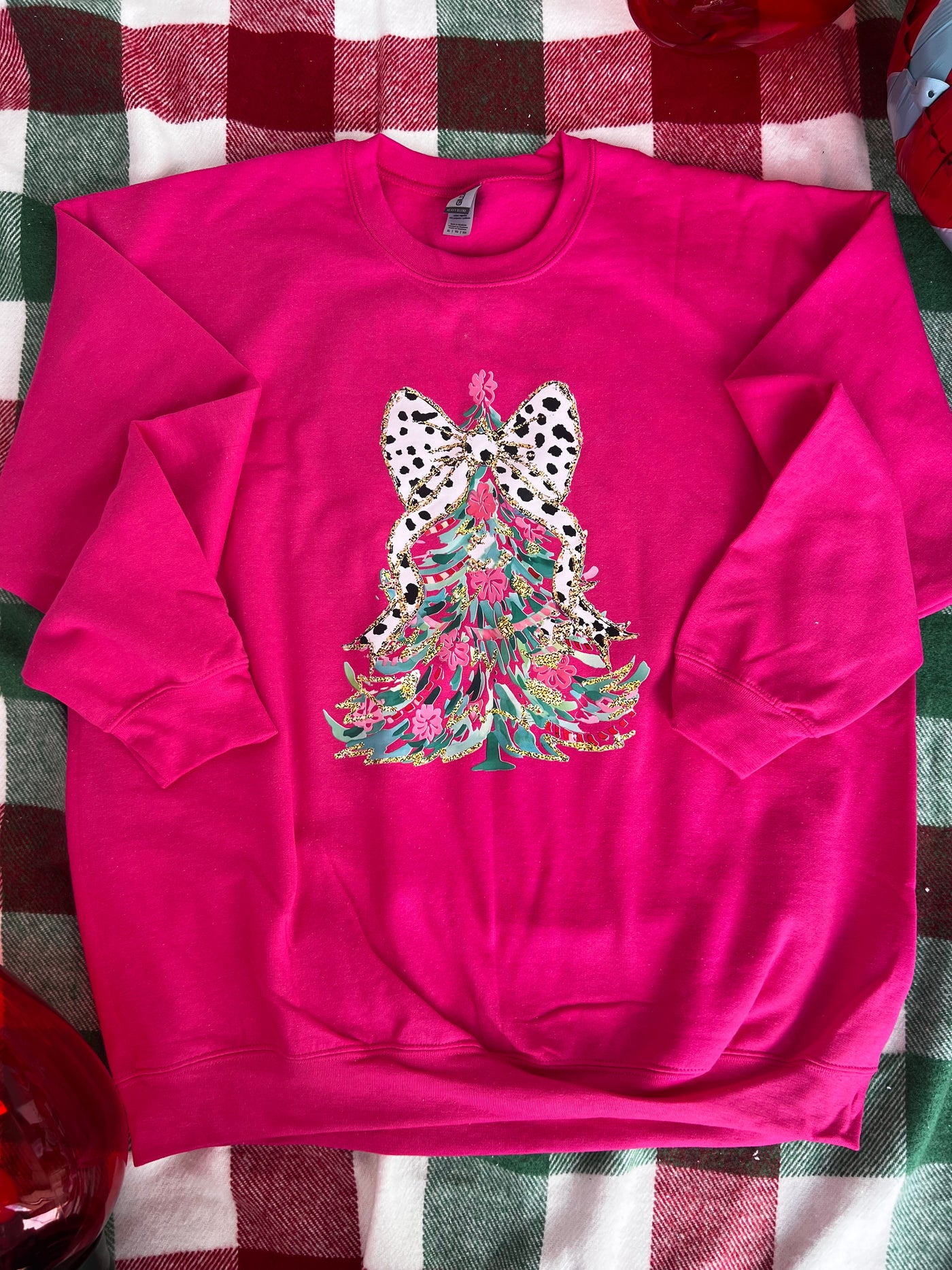 Polka Dot Bow Christmas Tree Sweatshirt - Hot Pink