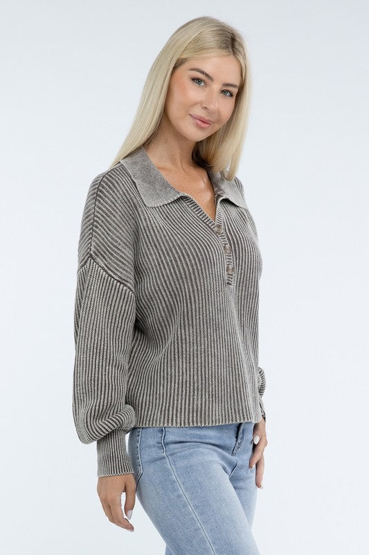 Washed Collared Henley Sweater