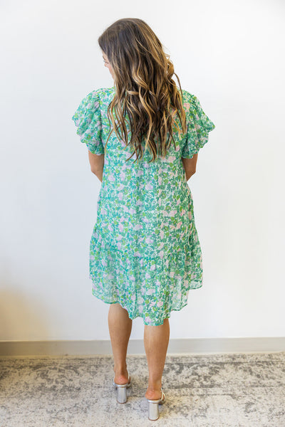 Radiant Ruffle Blooms Dress- Kelly Green Mix