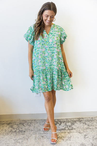 Radiant Ruffle Blooms Dress- Kelly Green Mix