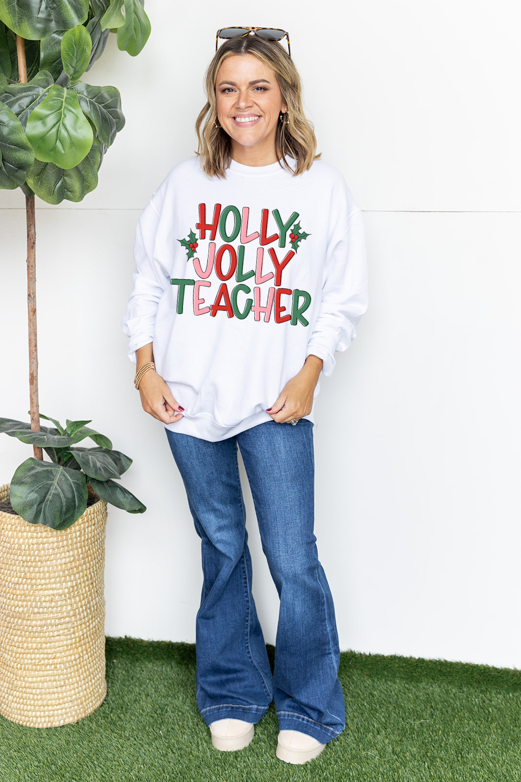 Holly Jolly Teacher Sweatshirt White