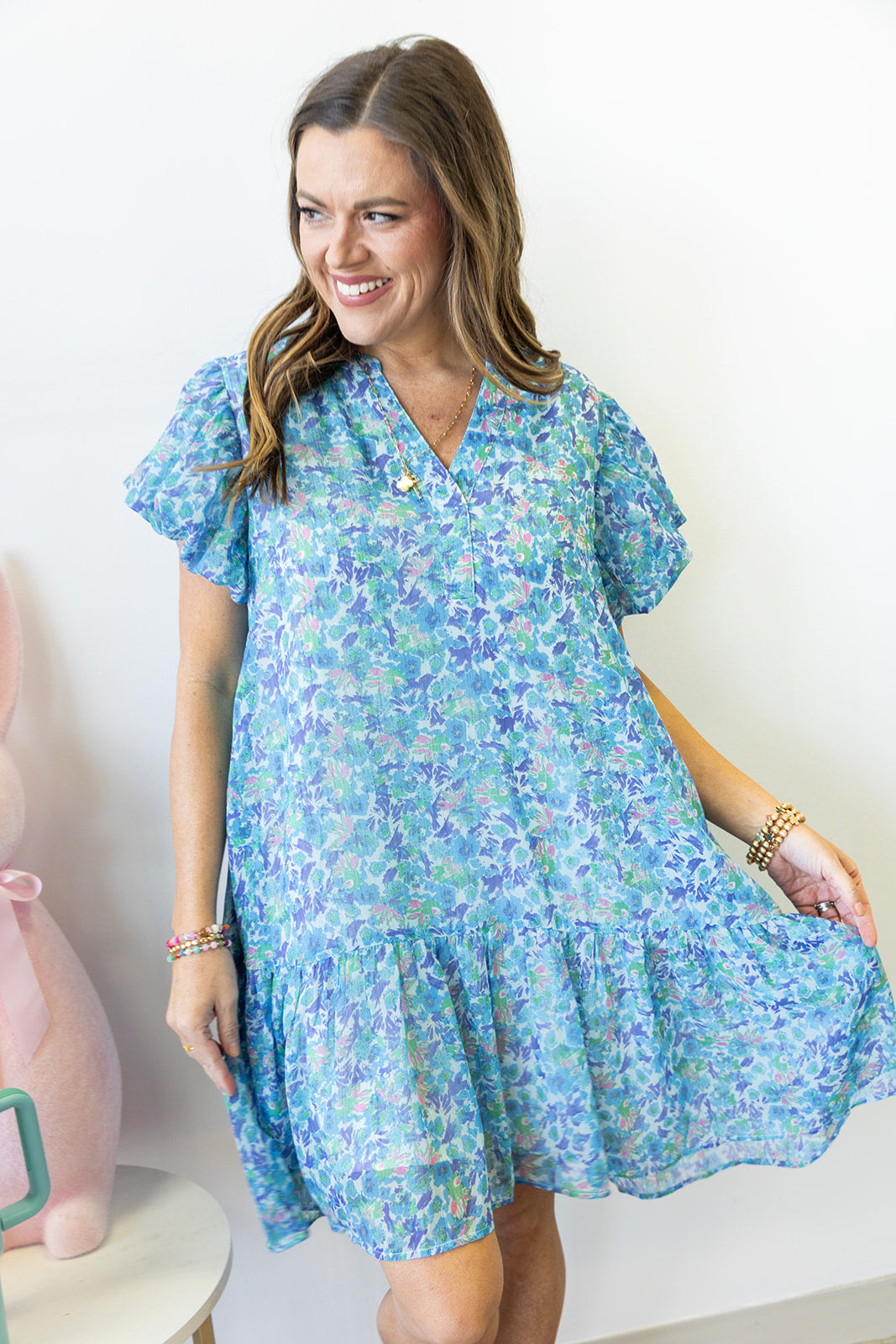 Radiant Ruffle Blooms Dress- Blue Mix