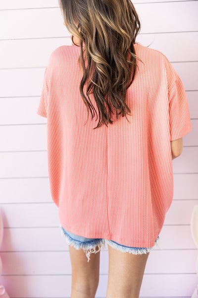 Struck A Cord Short Sleeve  Crew Neck -Coral