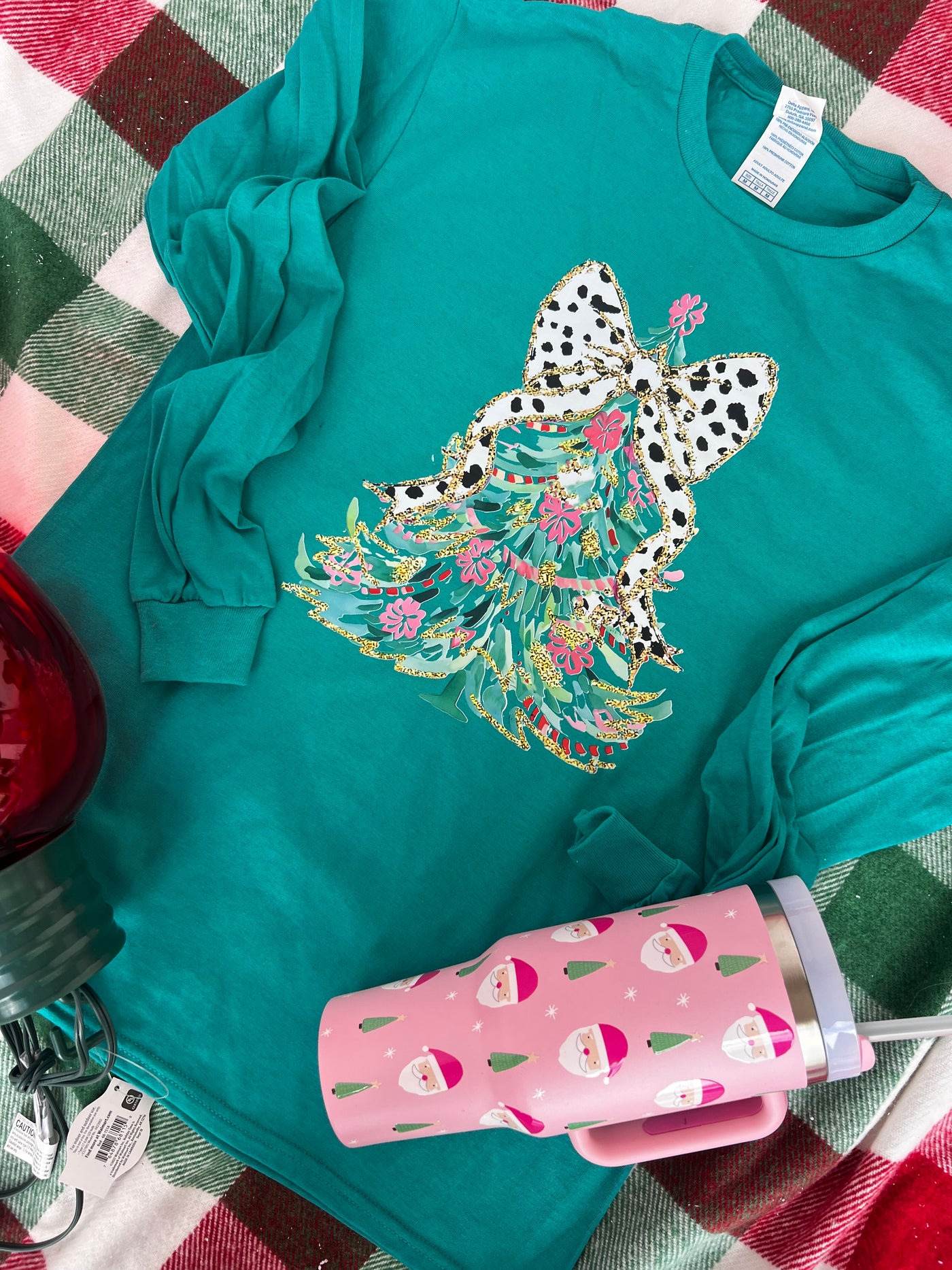 Polka Dot Bow Christmas Tree LS Tshirt - Turquoise