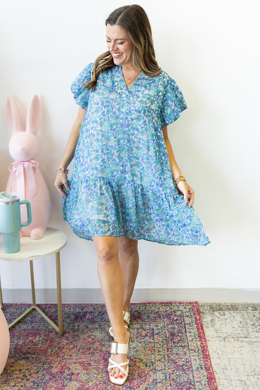 Radiant Ruffle Blooms Dress- Blue Mix