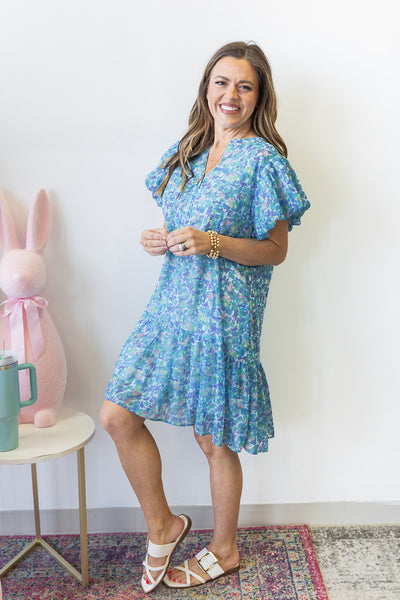 Radiant Ruffle Blooms Dress- Blue Mix