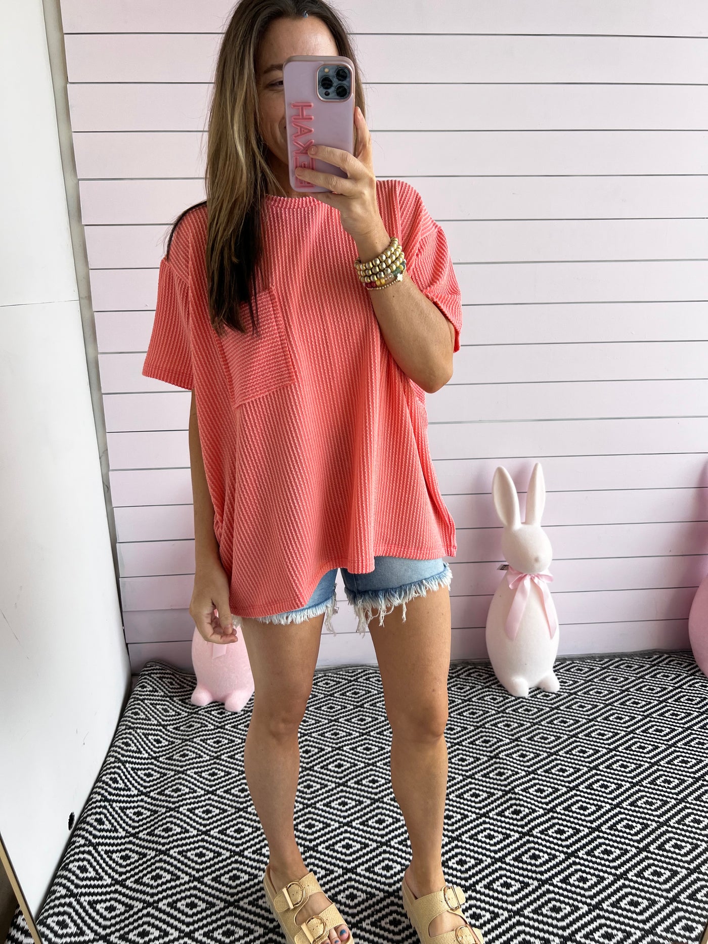 Struck A Cord Short Sleeve  Crew Neck -Coral