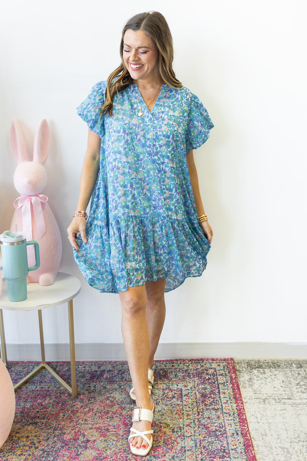 Radiant Ruffle Blooms Dress- Blue Mix