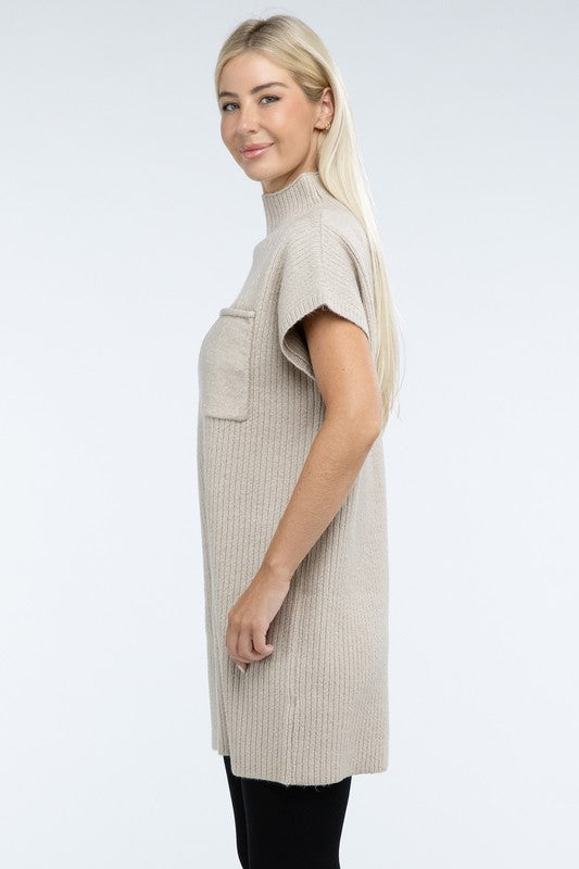 Mock Neck Short Sleeve Sweater Dress with Pocket