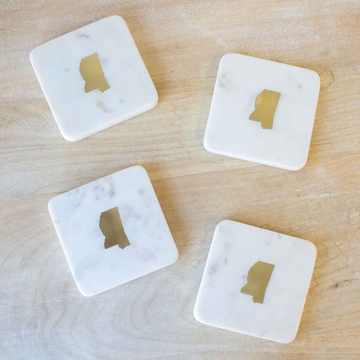 Mississippi Marble Coasters   White/Brass   4x4 Set of 4